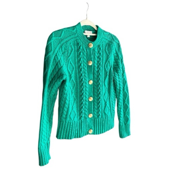 J CREW Cable-Knit Cardigan Sweater Green Lambswool Blend S - Picture 5 of 14